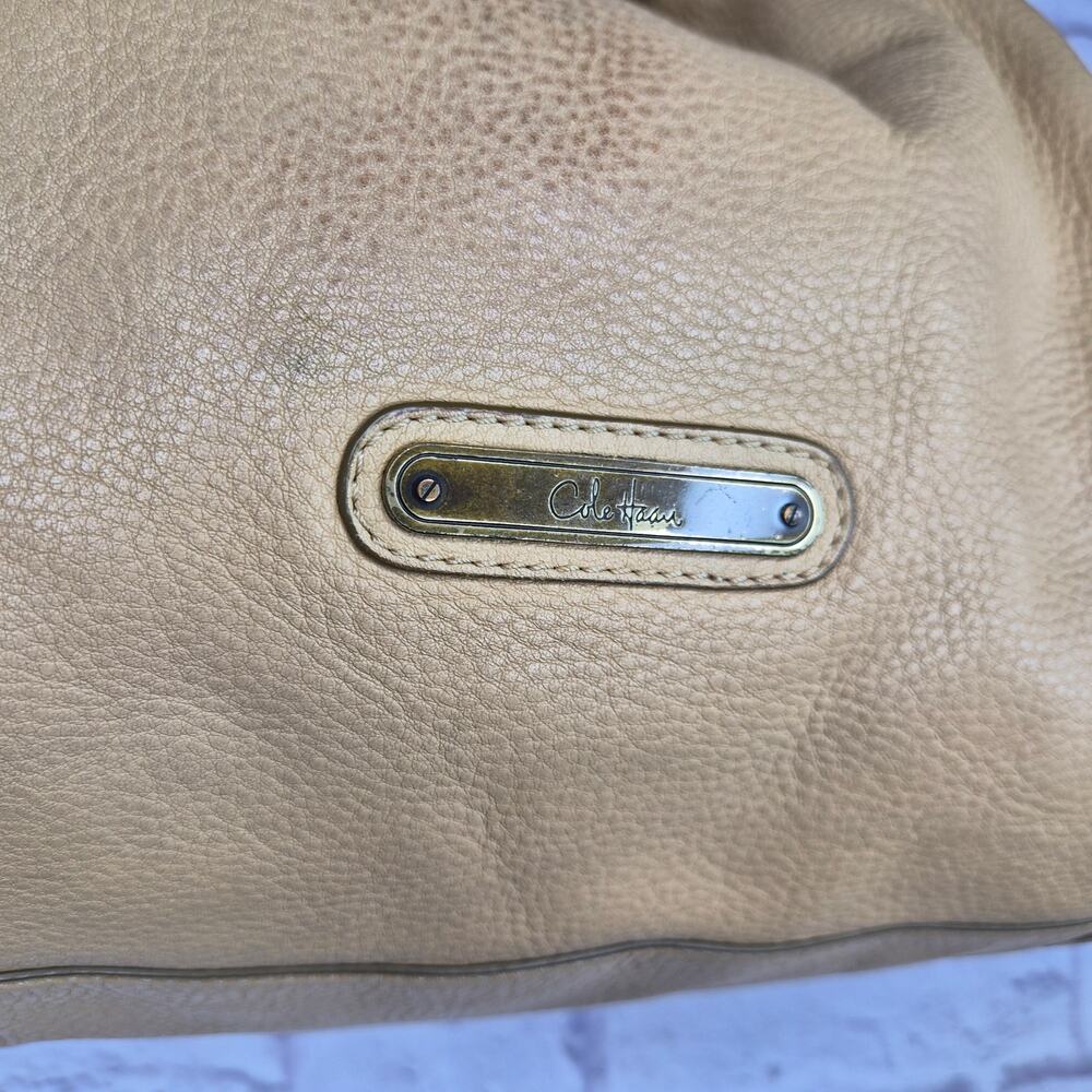 Vintage Cole Haan Tan Pebbled Leather Whipstitch Embroidered Drawstring Hobo Bag - Picture 8 of 12
